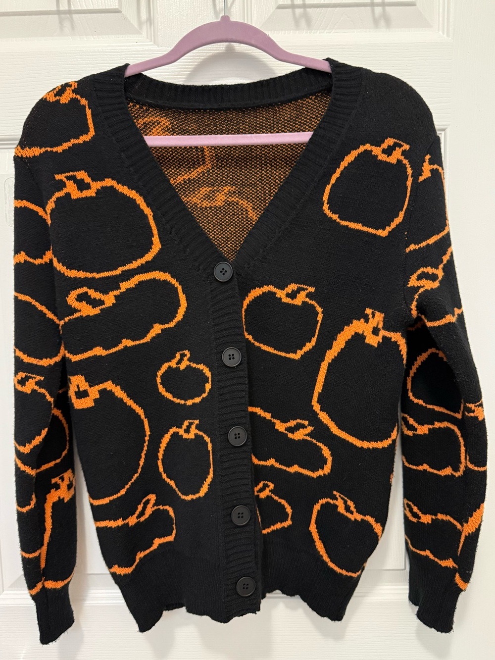 SHEIN Black & Orange Pumpkin Print V-Neck Button Cardigan